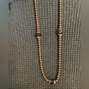 Vintage Antiqued Gold Tone Metal  Beaded Necklace with Amethyst Accent Beads.